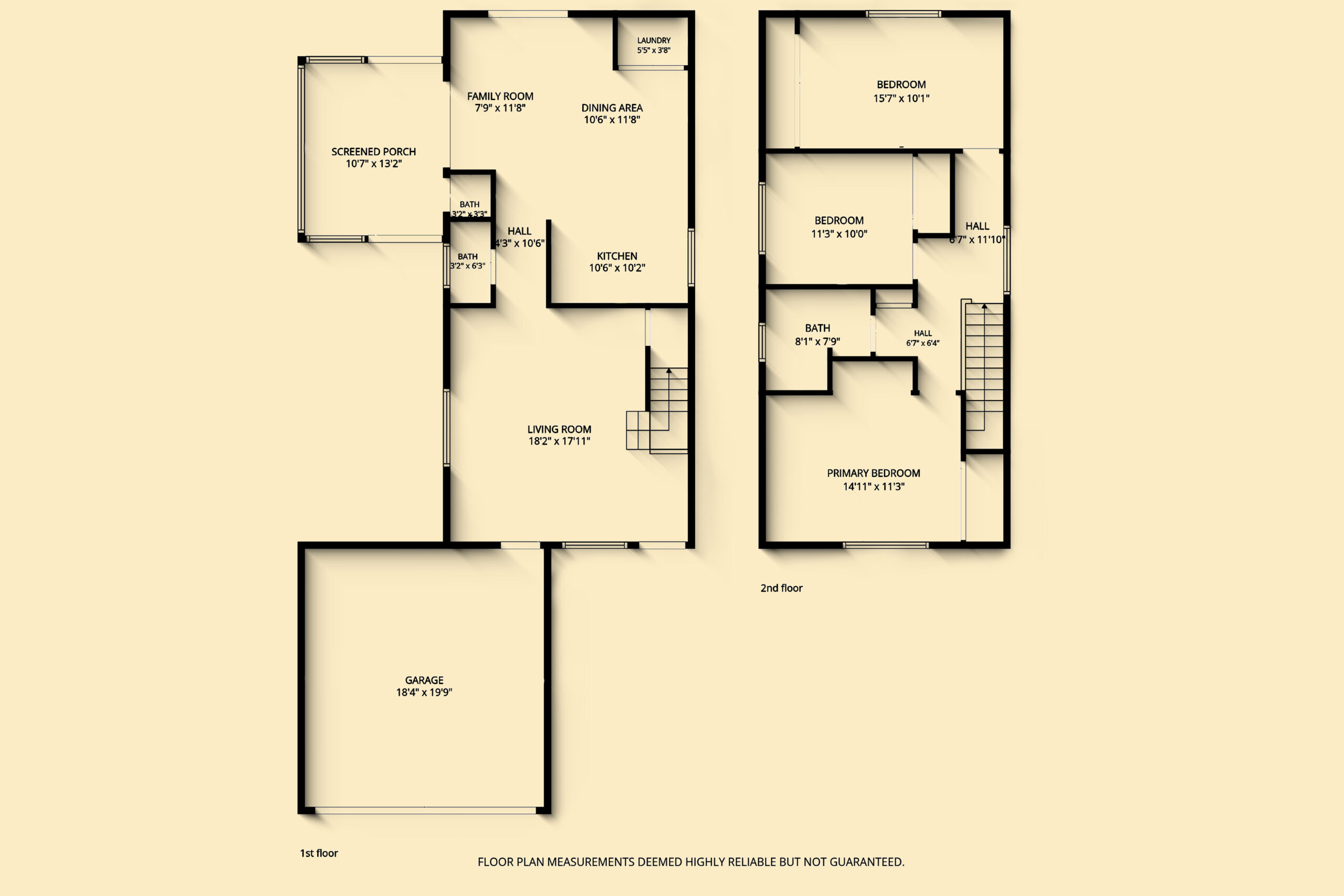 Two-story residential floor plan with labeled rooms and garage